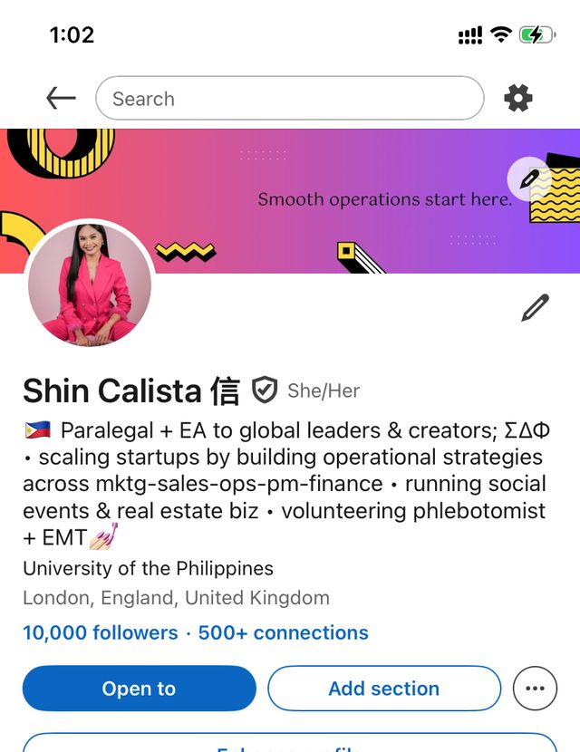 LinkedIn profile showing 10,000 followers
