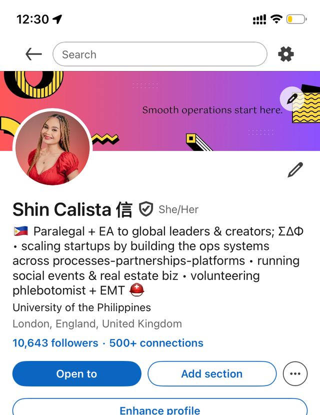 LinkedIn profile showing 10,643 followers